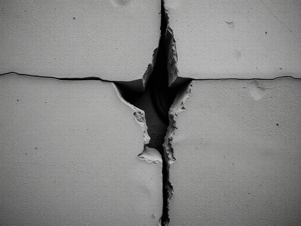 Cracked concrete wall with exposed reinforcement